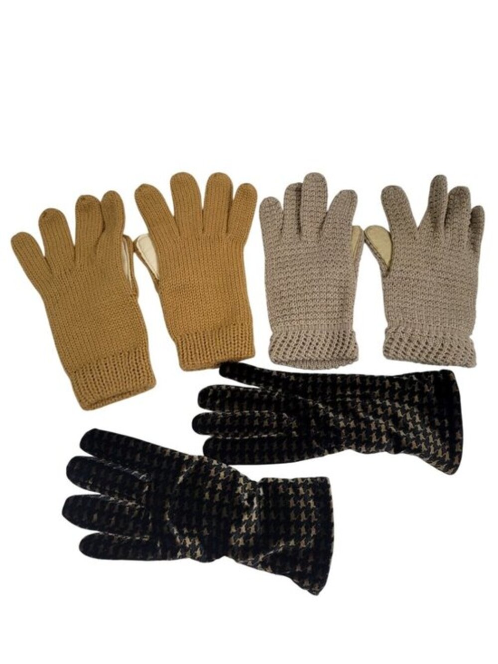 Vintage Knit & Velvet Gloves Bundle 3 Pairs Beige Tan & Black Houndstooth Cejon